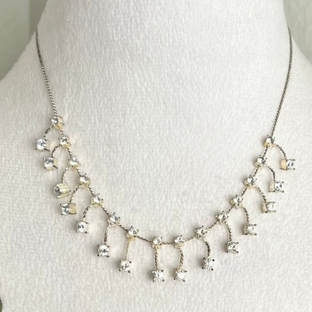 Vintage Napier Cubic Zirconia Fringe Necklace Silver Tone Sparkly Statement